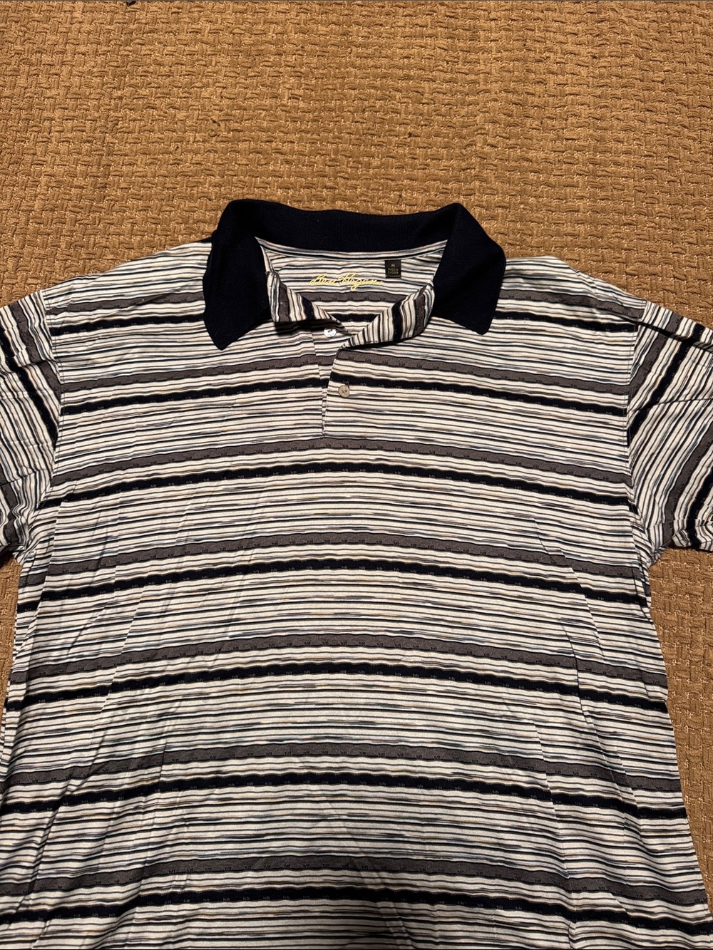 Vintage Ben Hogan Black and White Striped Polo with Navy Collar